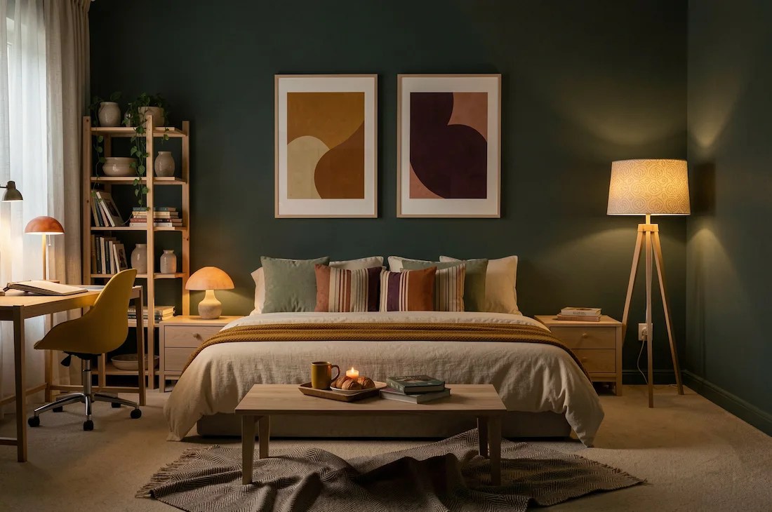 Evevning bedroom. Double bed in the center of the bedroom. two pictures on the wall. 