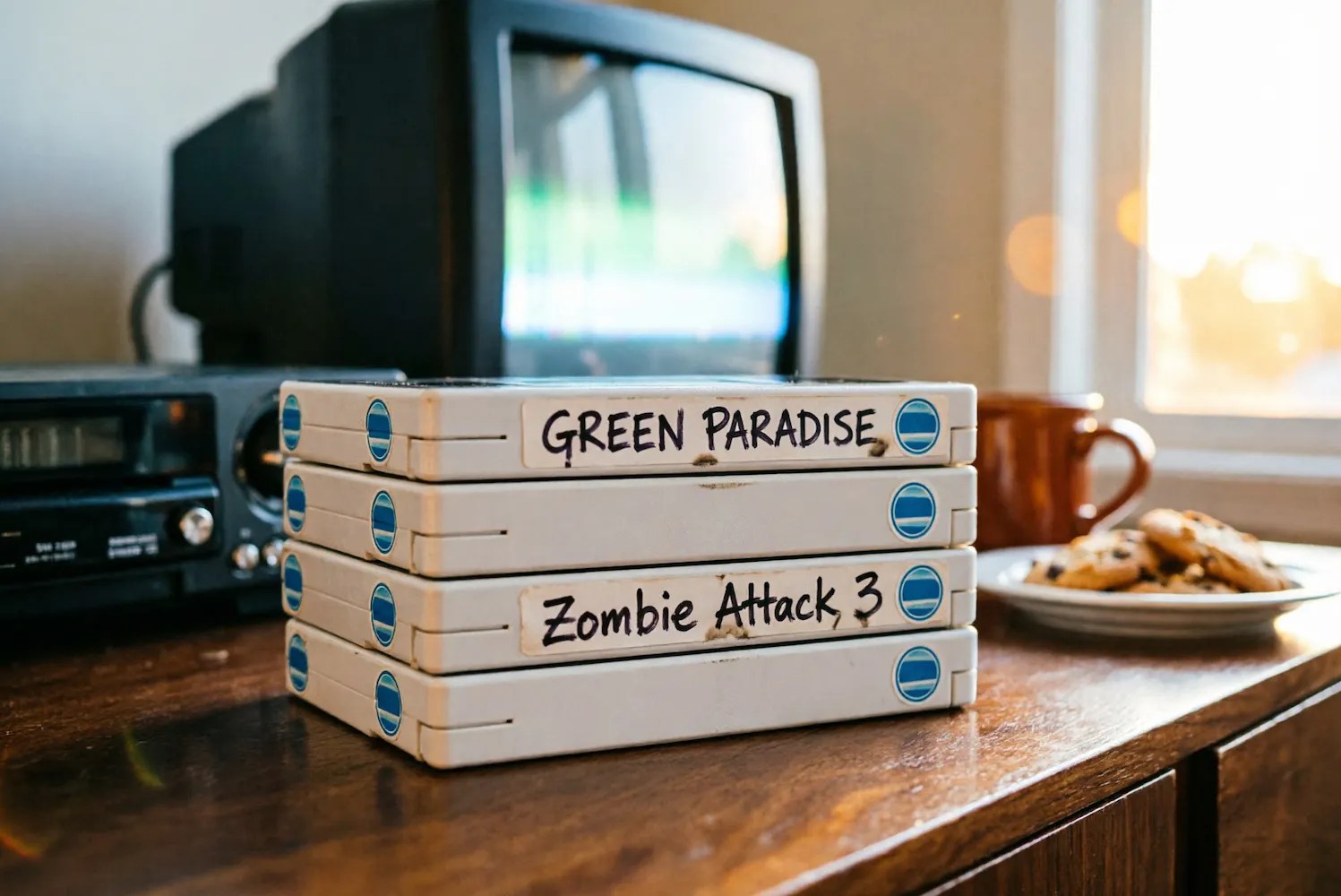 Closeup shot of four VHS placed on wooden table in living room. TV and plate with cookies in the background. 