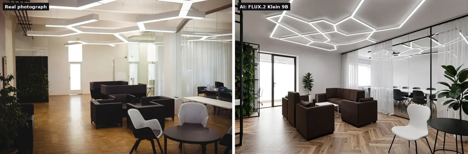 Side by side: a real photo of an office lounge with brown armchairs and a hexagonal ceiling light, and an AI version of the same room