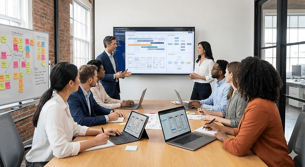 Workplace team discussing changes that will take place.