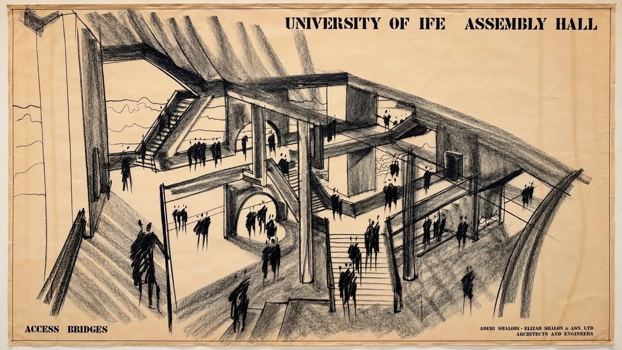 Architectural perspective drawing of the University of Ife Assembly Hall