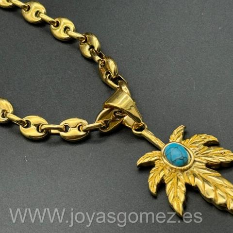 Colgante hoja María piedra turquesa-cadena calabrotes 6*60cm, acero 316L chapado oro 18k