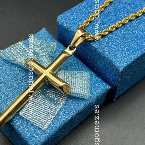 Cruz lisa grande+cordón 3*60cm, acero 316L chapado oro 18k