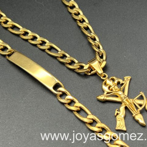 Cadena eslabones 7mm*60cm+ esclava+cruz legión, acero 316L chapado oro 18k
