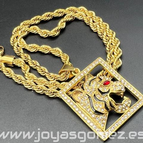 Colgante tigre circonitas+cordón 6*60cm- acero 316 L chapado oro 18k