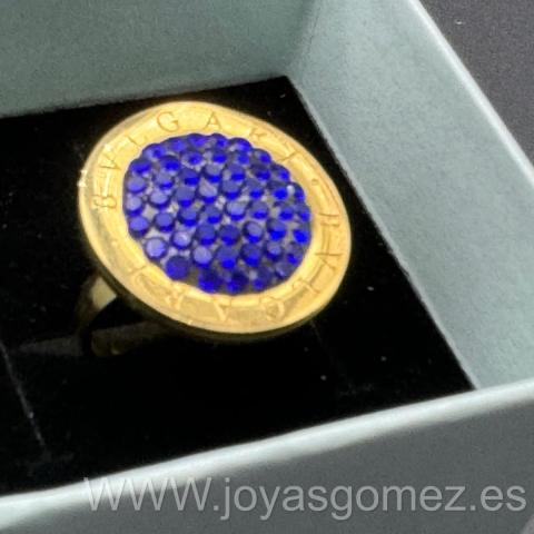 Anillo bv circonitas azul, acero 316L chapado oro 18k