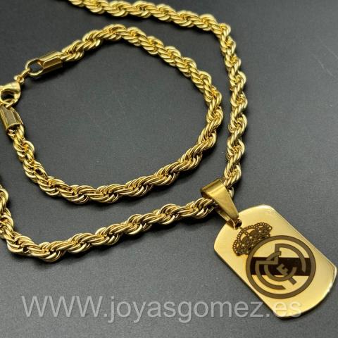 Conjunto Placa 36*22, Cordón 6*60cm, pulsera 6mm, grabado láser de tú escudo, acero 316L chapado oro 18k