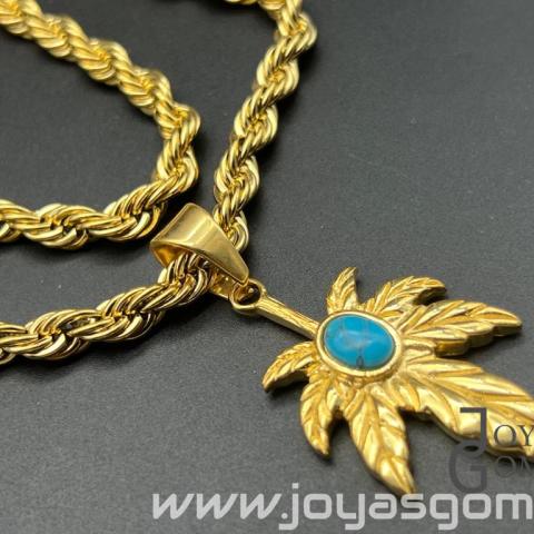 Cordón 6*60cm+ colgante hoja María piedra turquesa, acero 316L chapado oro 18k