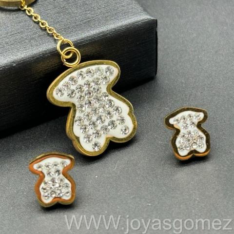Conjunto ositos circonitas blancas, acero 316L chapado oro 18k