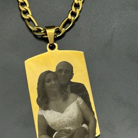 Colgante PLACA grande 48*28mm+cadena 6*60cm- foto grabación personalizada láser, acero 316L chapado oro 18k-OFERTA*