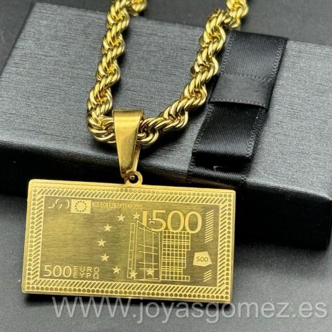 Colgante billete 500-cordón 6*60cm, acero 316 L chapado oro 18k