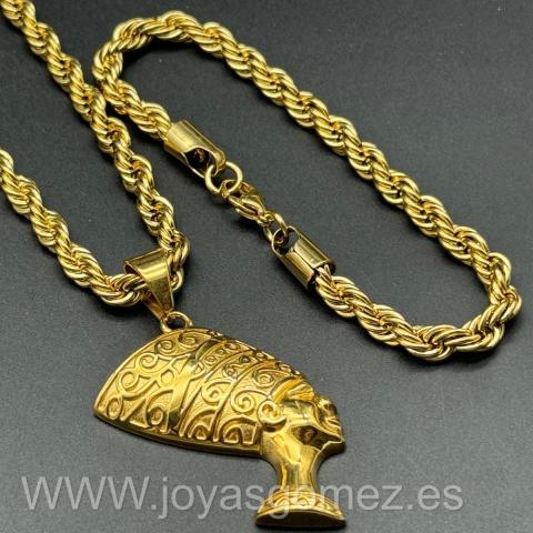 Cordón-pulsera 6 mm -Colgante diosa egipcia, acero 316L chapado oro 18k