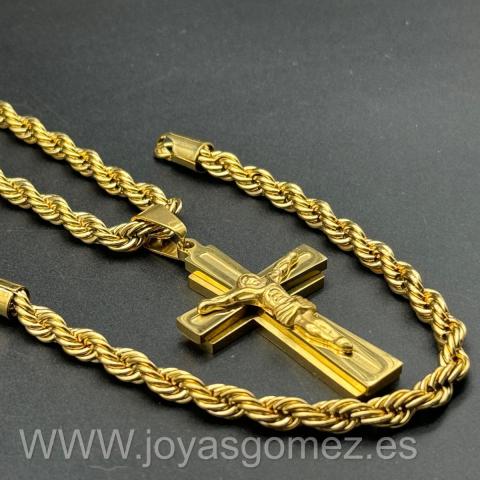 Cordón-pulsera 6 mm -Crucifijo relieve,acero 316L chapado oro 18k