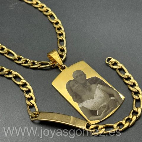 Cadena 7*60 cm- pulsera -PLACA grande 48*28 mm- foto grabación personalizada láser, acero 316L chapado oro 18k-OFERTA