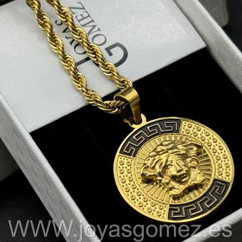 Medalla medusa 20 mm -cordón 3*60cm, acero 316 L chapado oro 18k
