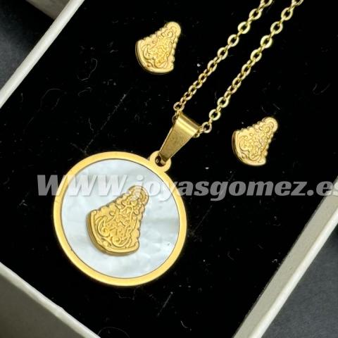 Conjunto virgen del Rocío niña, pendientes y gargantilla ,acero 316 L chapado oro 18k