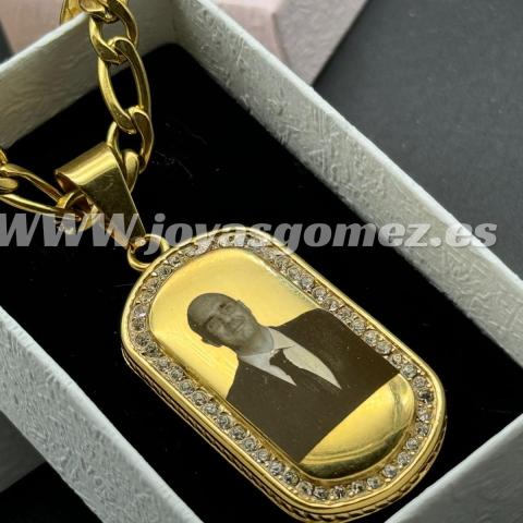 Colgante PLACA circonitas 42*22 mm+ cadena 6*60cm- foto grabación personalizada láser, acero 316L-OFERTA*