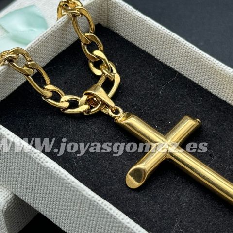 Cadena 3*1medida 7mm*60cm colgante cruz lisa-acero 316L chapado oro 18k