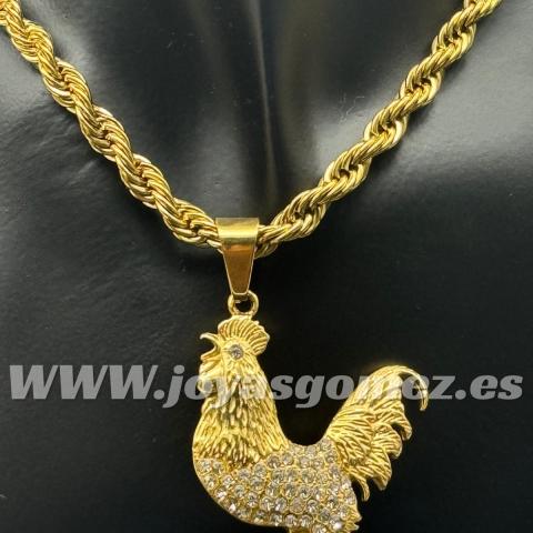 Colgante gallo circonitas-cordón 6*60cm, acero 316 L chapado oro 18k