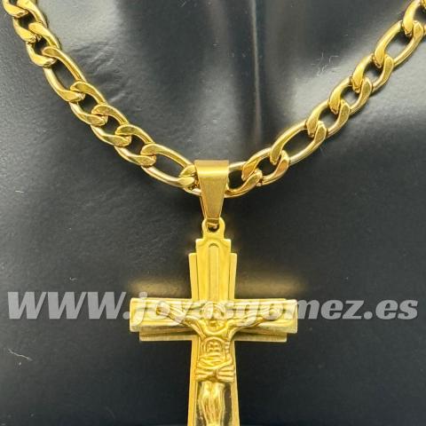 Colgante Crucifijo relieve-cadena 7*60cm, acero 316 L chapado oro 18k