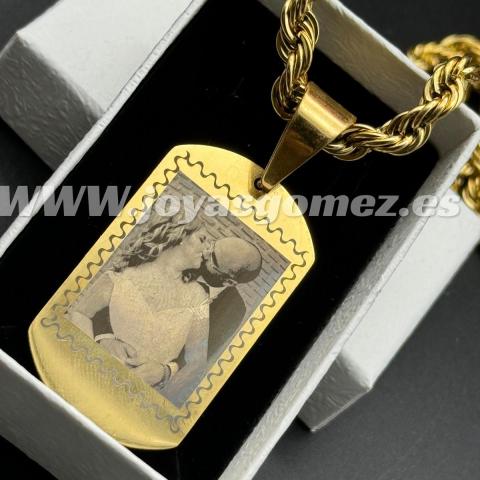 Colgante PLACA 48*28mm con marco +cordón 6*60cm- foto grabación personalizada láser, acero 316L chapado oro 18k