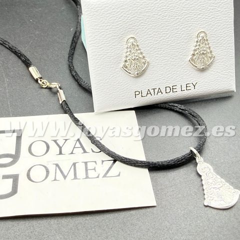 Gargantilla- cordón seda 40 cm- pendientes, VIRGEN DEL ROCÍO -plata de ley