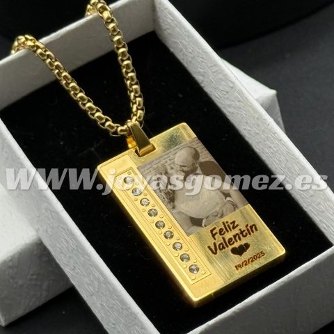 PLACA 37*22+cadena 3*60cm, foto grabación personalizada laser, acero 316L chapado oro 18k