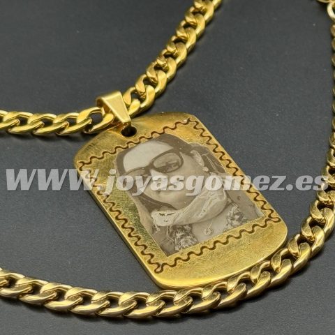 PLACA 48*28mm+Cadena 6mm*60cm y pulsera 6mm*19 cm foto grabación personalizada laser, acero 316L chapado oro 18k-OFERTA