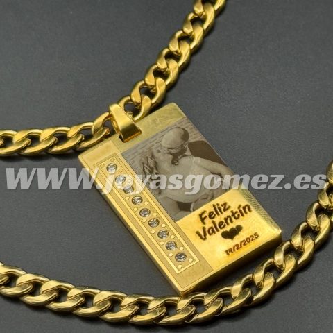 PLACA 37*22+Cadena 6mm*60cm y pulsera 6mm*19 cm foto grabación personalizada laser, acero 316L chapado oro 18k-OFERTA