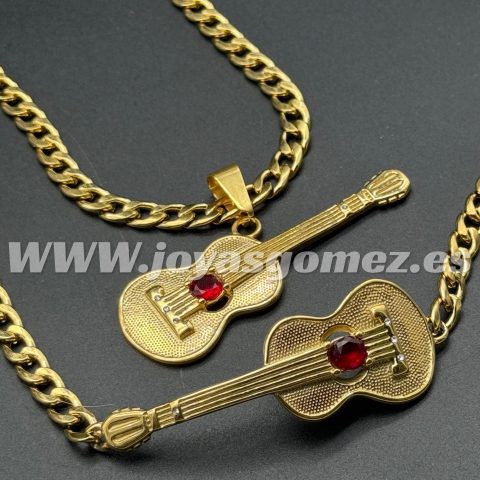 Conjunto cadena+pulsera+colgante guitarra piedra roja, acero 316 L chapado oro 18k
