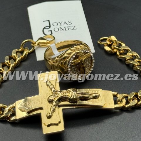 Pulsera cristo 10mm *22cm+sello, acero 316 l chapado oro 18k