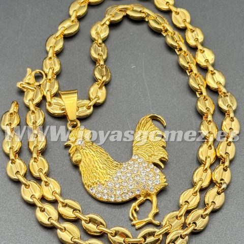 Cadena café 6*60 cm+Colgante gallo circonitas, acero 316L chapado oro 18k