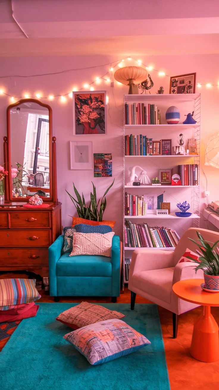 a-photo-of-an-eclectic-maximalist-studio_vGVu6JIES12WKdtb8pNj1Q_uAJ6aqh4RQmDK2mdYNlmBw A cozy nook illuminated by string lights, featuring a teal armchair with colorful cushions and a coral side table. A white shelving unit displays books and curated decor items, while a vintage wooden dresser and mirror bring a classic touch. The soft pink lighting enhances the playful and inviting atmosphere, complemented by a turquoise rug and floor cushions.