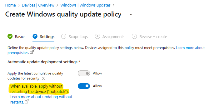 Image showing Intune Admin Center with path to Windows quality updates where Hotpatch is toggled to “Allow”.