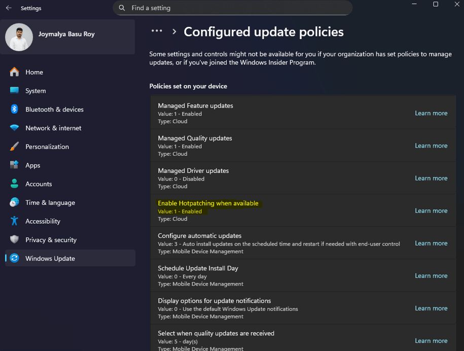 Image showing how to verify if Hotpatch policy is applied on a managed endpoint