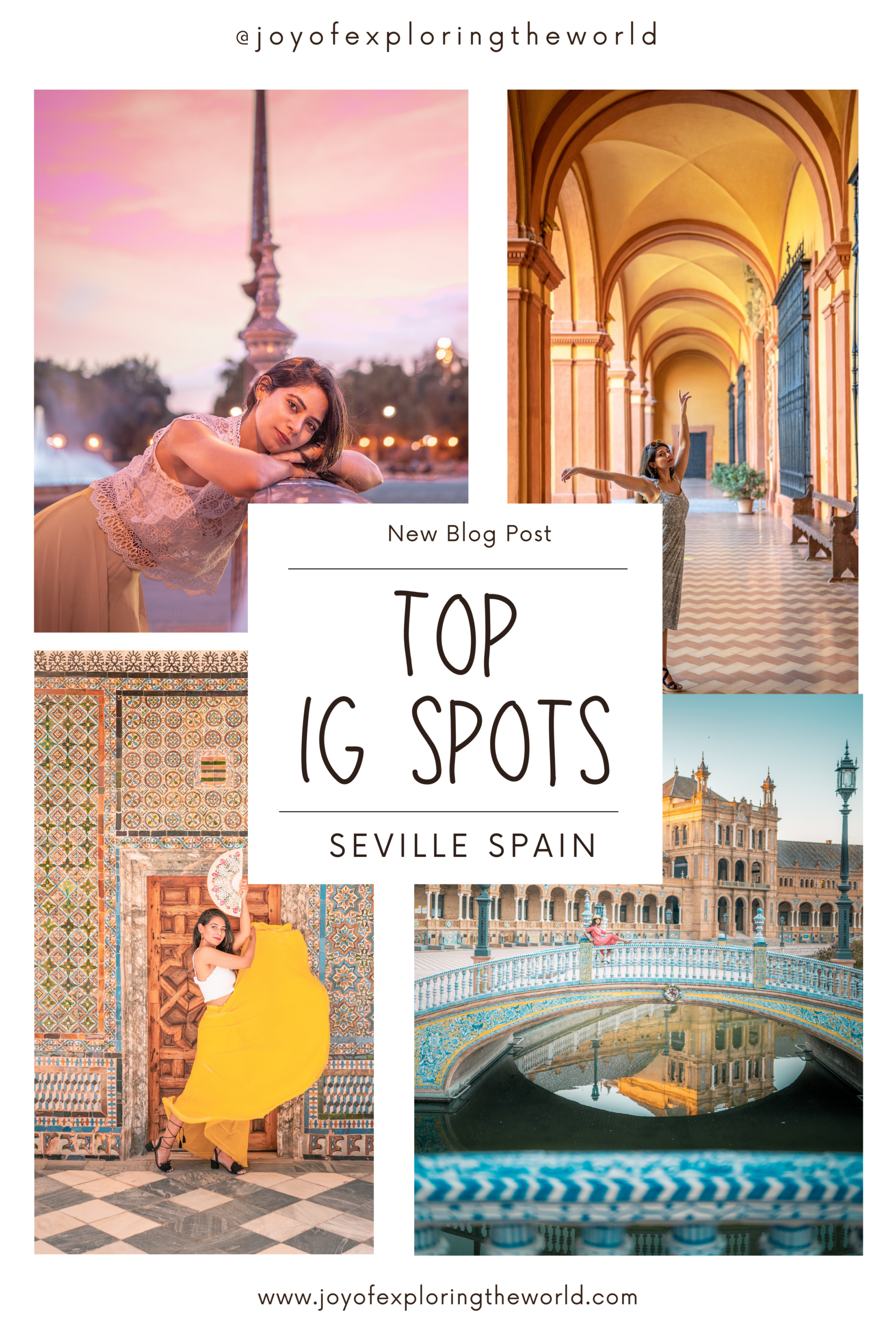 Collage of colourful Seville scenes including a woman posing at sunset, arched orange cloisters, ornate tiled doorway with a dancer in a yellow skirt, and the Plaza de España bridge reflected in water.