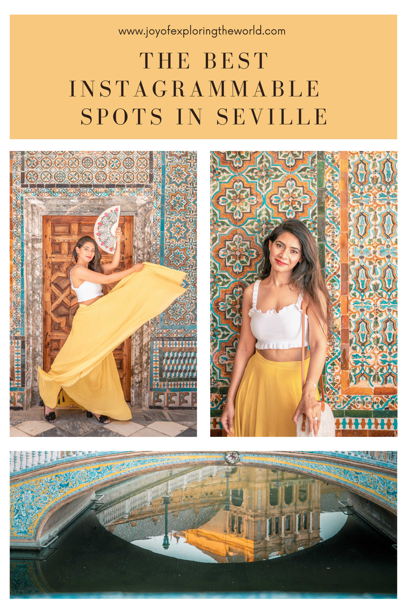 Woman in a flowing yellow skirt posing against ornate tiled walls and a decorative Seville bridge reflection below.
