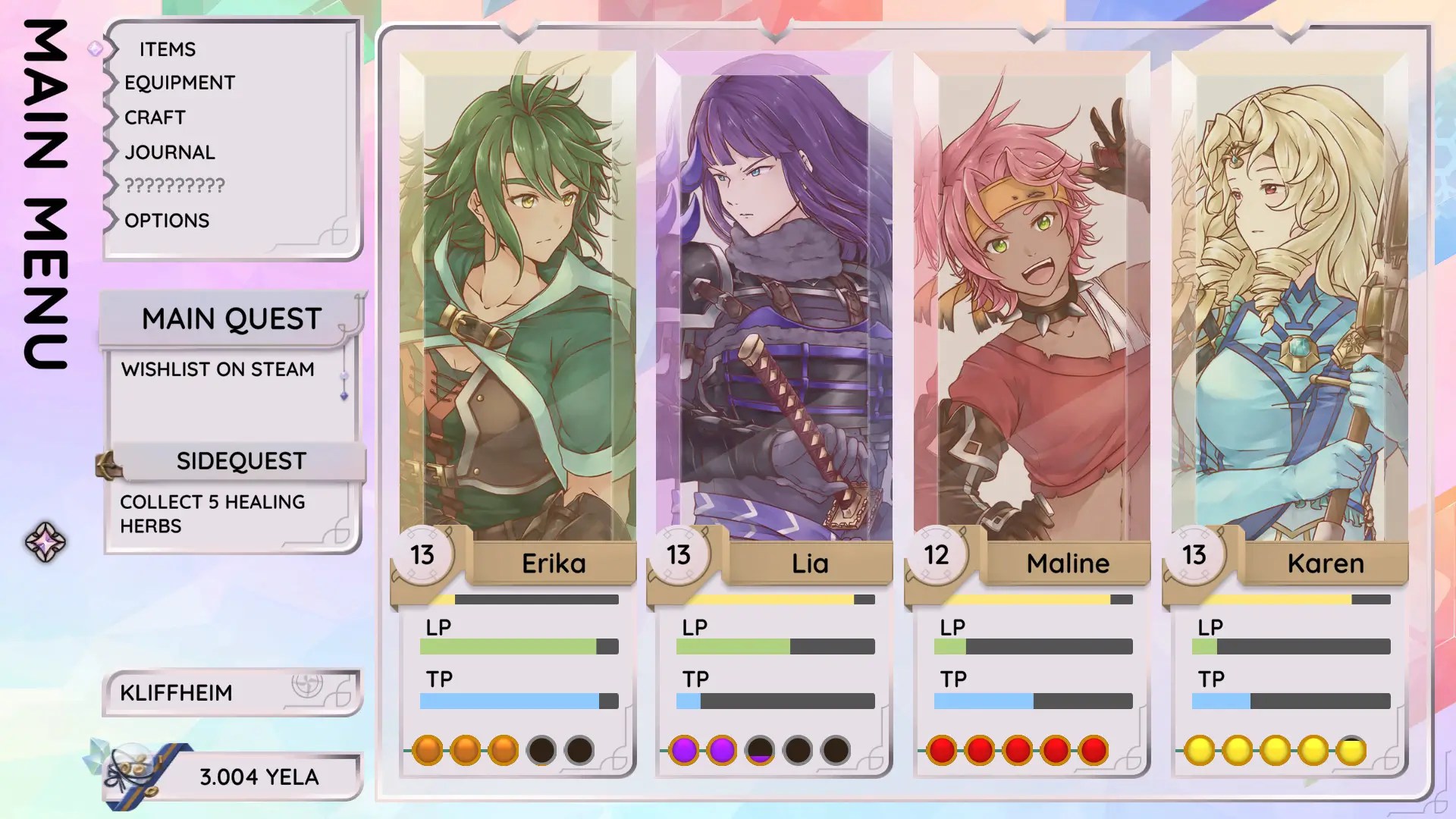 Elements Destiny JRPG Main Menu Screenshot