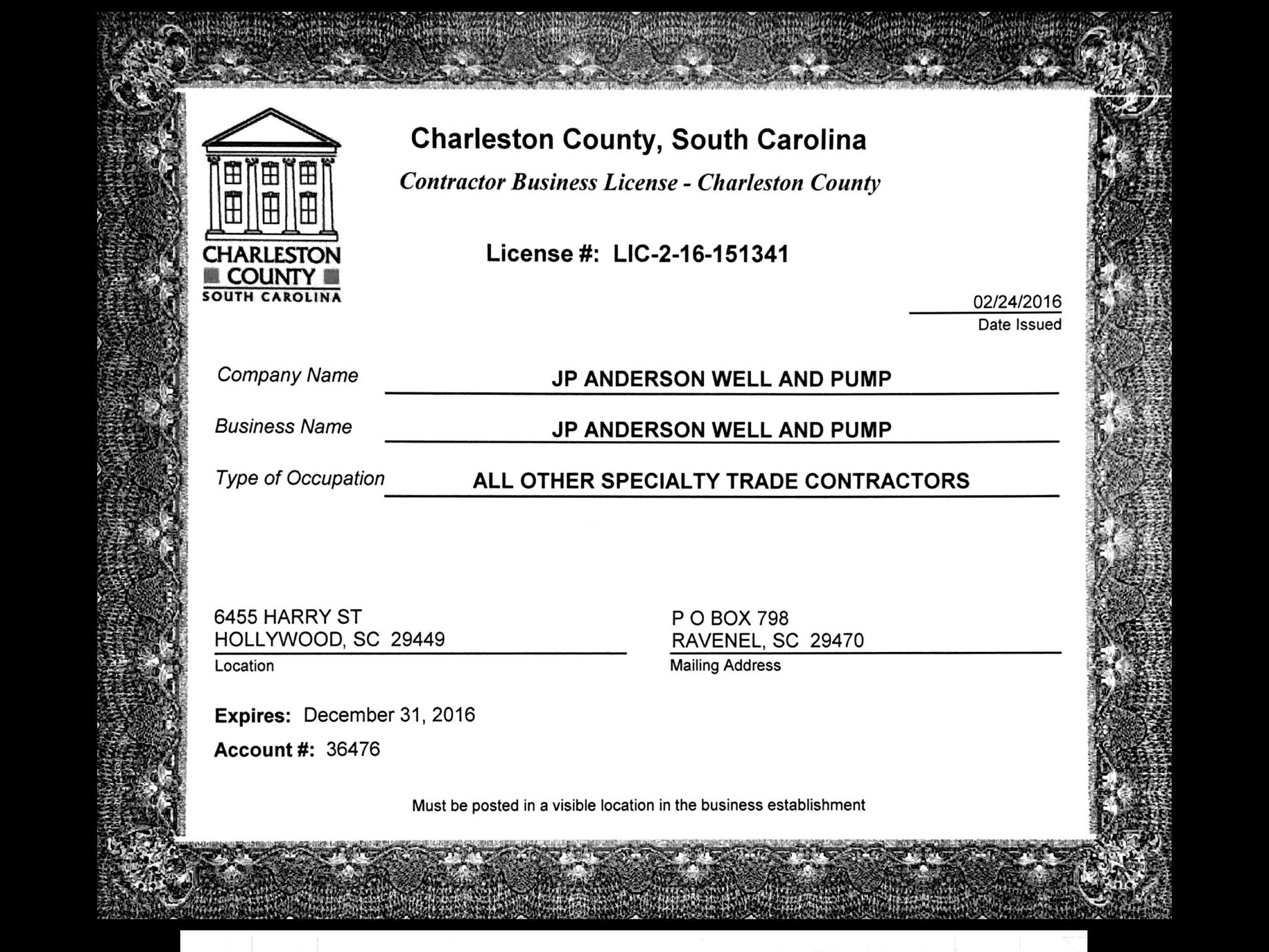 Charleston county business license for well drilling