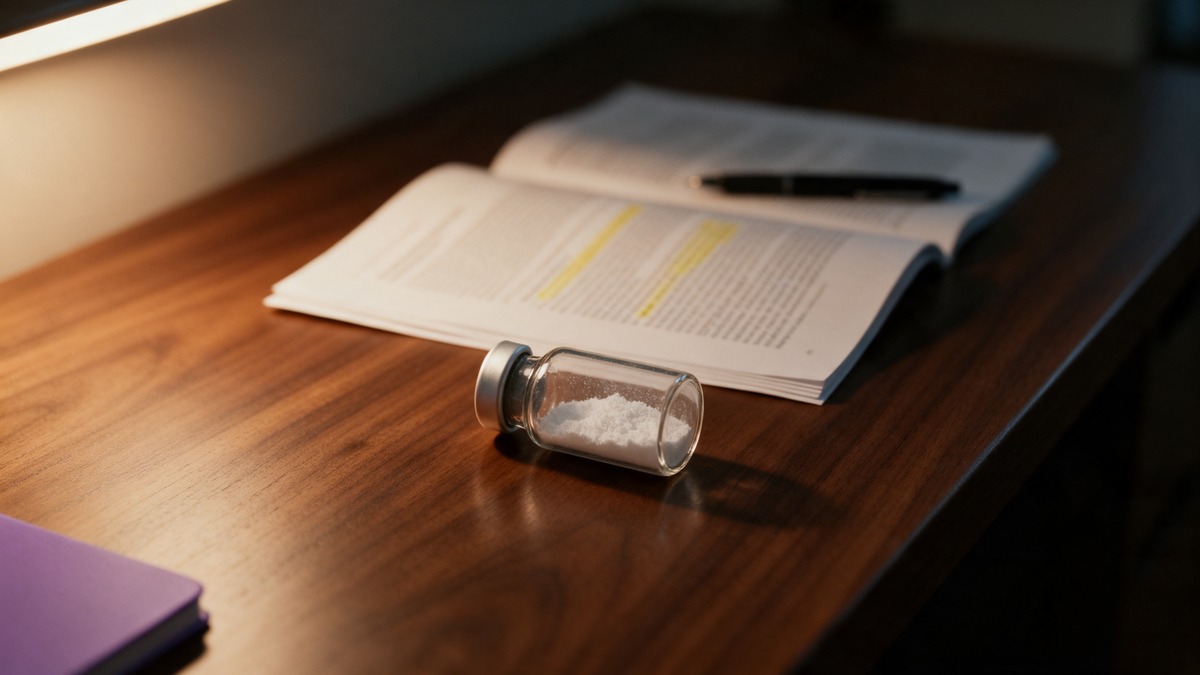 An unlabelled vial of white powder beside a highlighted research paper and a pen on a wooden desk.