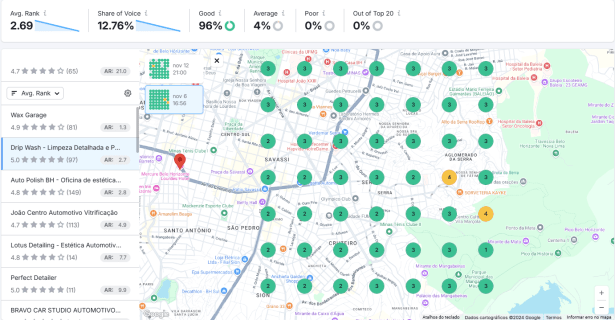 Mapa do ranking para SEO Local, Marketing para lojas e Prestadores de Serviços em Belo Horizonte