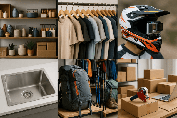 casa e presentes importados, roupas, câmera para moto de enduro, cuba de inox Tramontina, artigos de trekking e fulfilment — marketing para ecommerce.