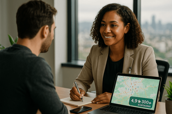Consultor de corretora de seguros em Belo Horizonte atendendo cliente no escritório, com mapa de BH no notebook e selo 4,9 estrelas, estilo profissional e humanizado. Marketing para corretoras de seguros