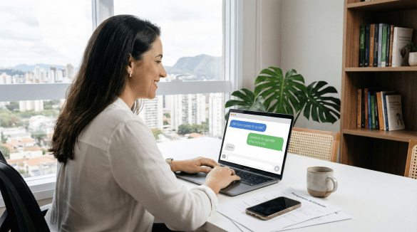 Profissional de saúde em BH usando notebook com chat de IA para melhorar presença digital da clínica. Como aparecer no ChatGPT