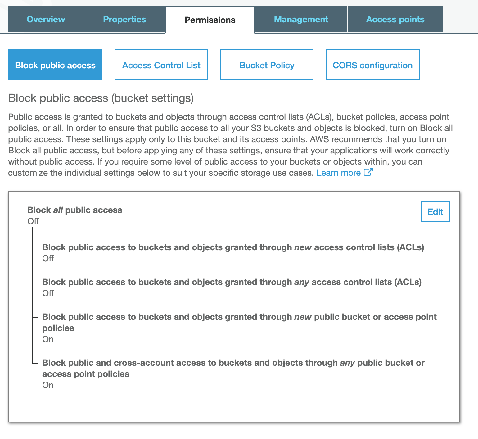 S3 bucket public access settings for private media files