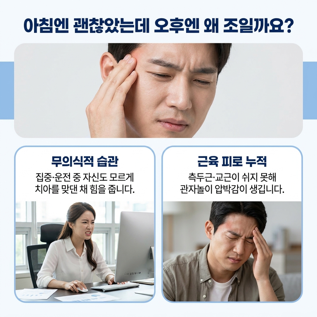 업무 중 관자놀이 조임과 씹는 근육 긴장을 느끼는 모습