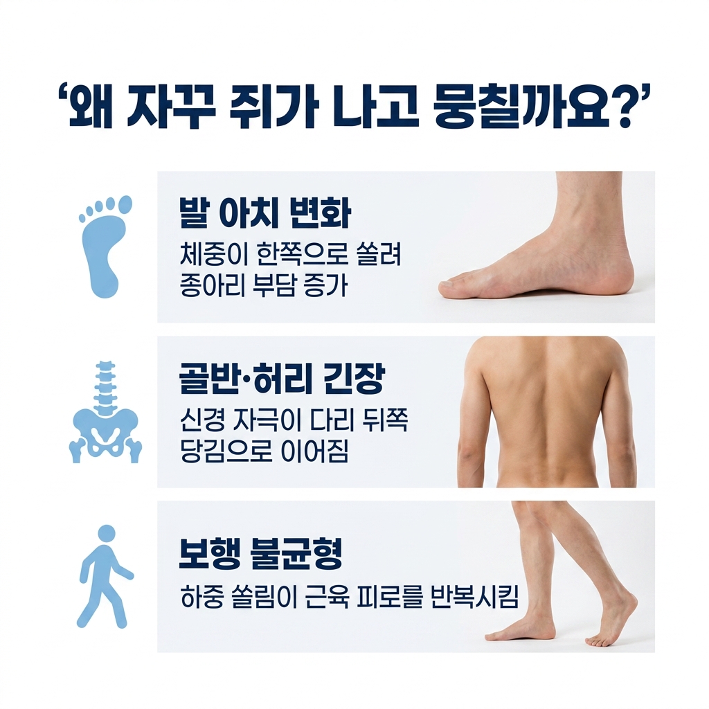 종아리에 자주 쥐가 나고 뭉치는 다양한 원인을 안내하는 이미지