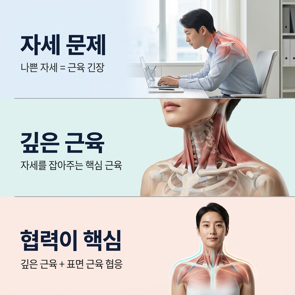 승모근과 깊은 목 근육의 협응을 설명하는 이미지