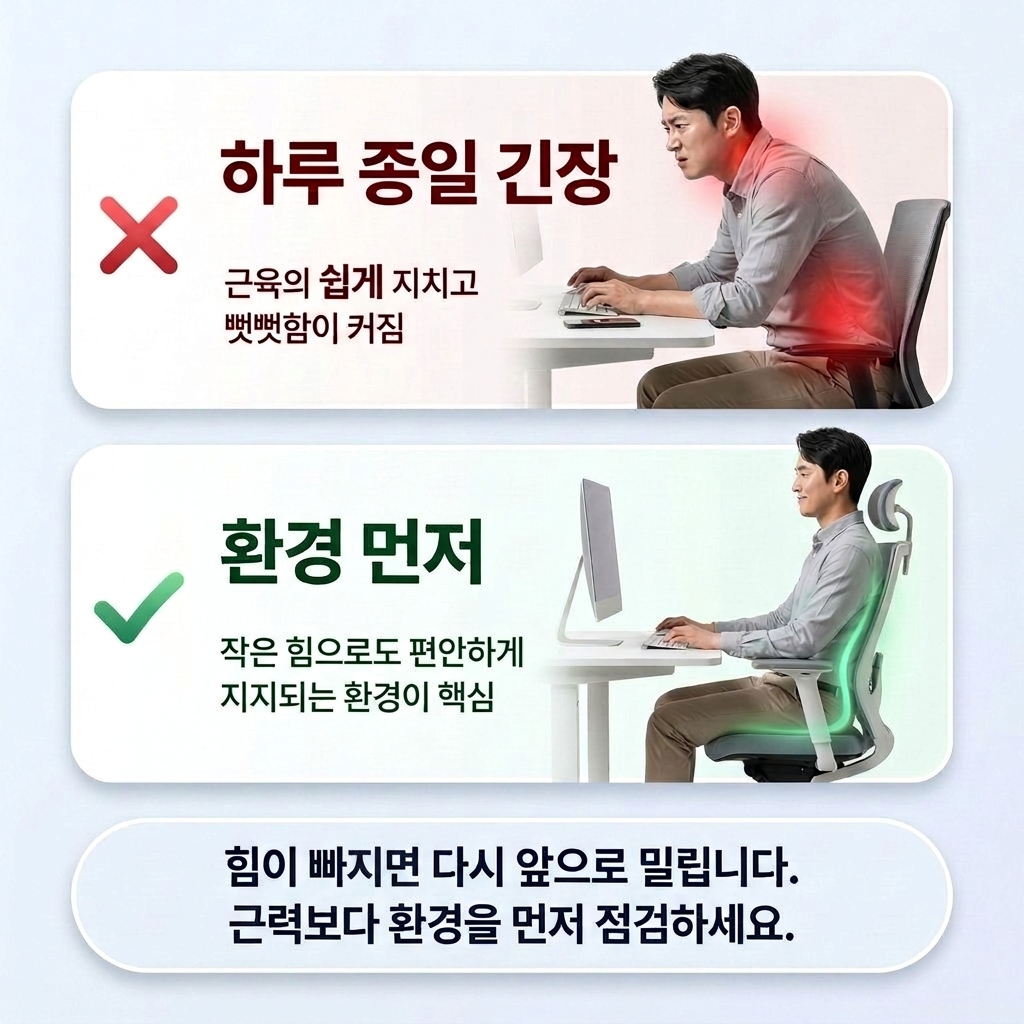 골반이 뒤로 기울고 허리와 등이 둥글어진 앉은 자세