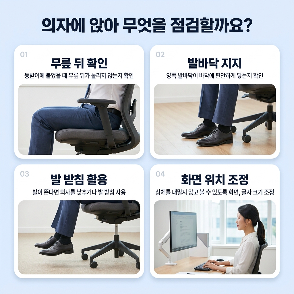 배와 허리에 과도한 힘을 준 자세와 편안한 앉은 자세 비교